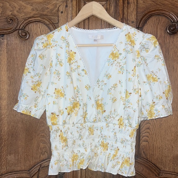 WAYF yellow floral smocked blouse crop - Picture 2 of 12